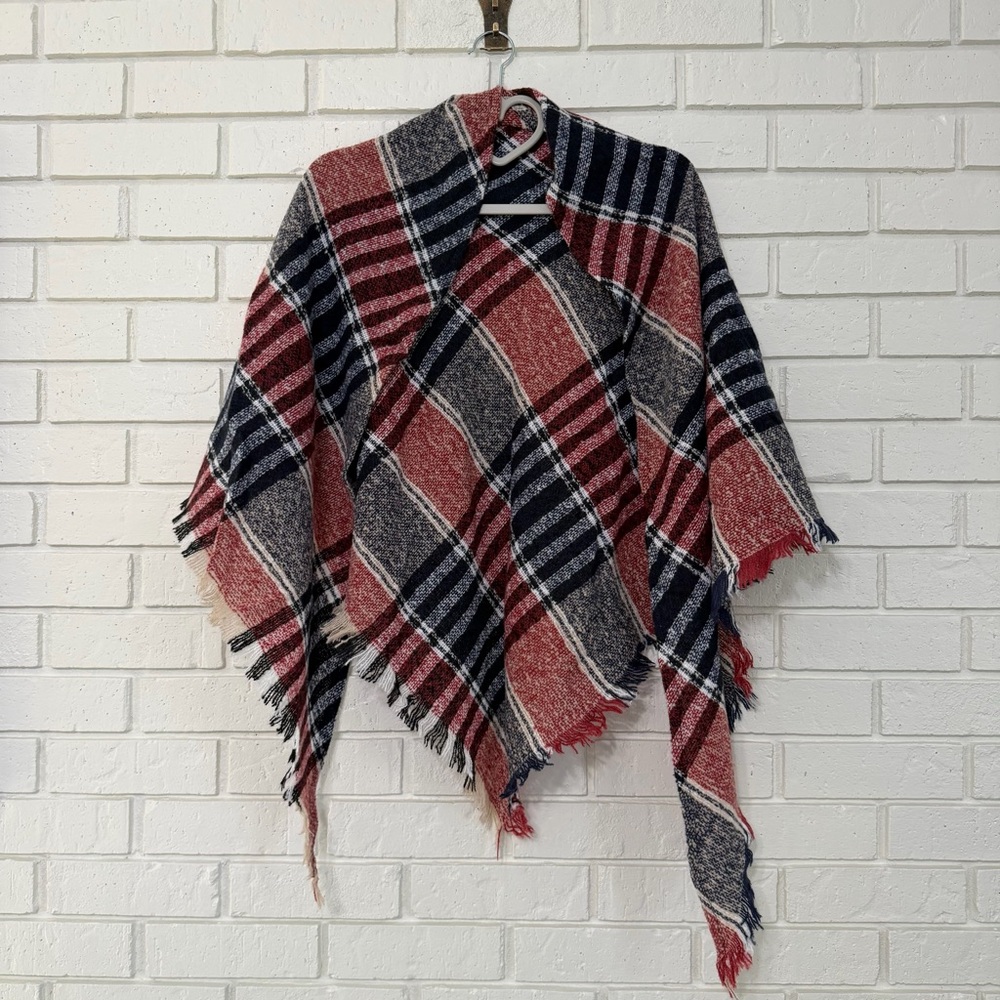 Wander Agio Plaid Wrap Poncho β Wine Red β NWT
